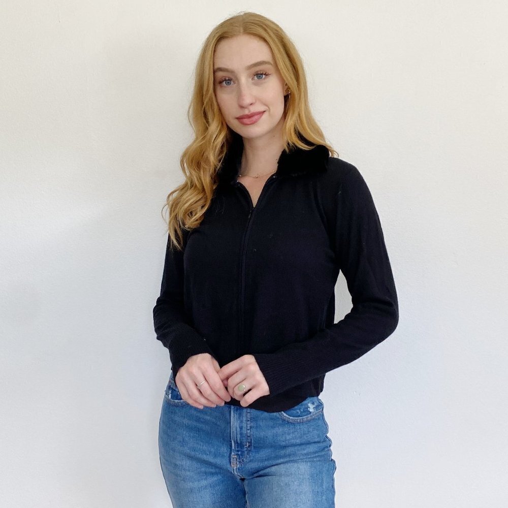 Kiko Comfortable Clothing Black Fur Silk Cashmere Collar Jacket S/M